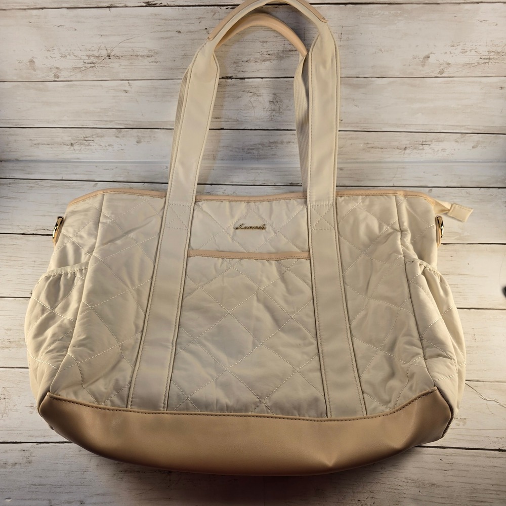 Lovevook Quilted Tote Bag Cream Beige Travel Weekender Gym Bag with Wristlet